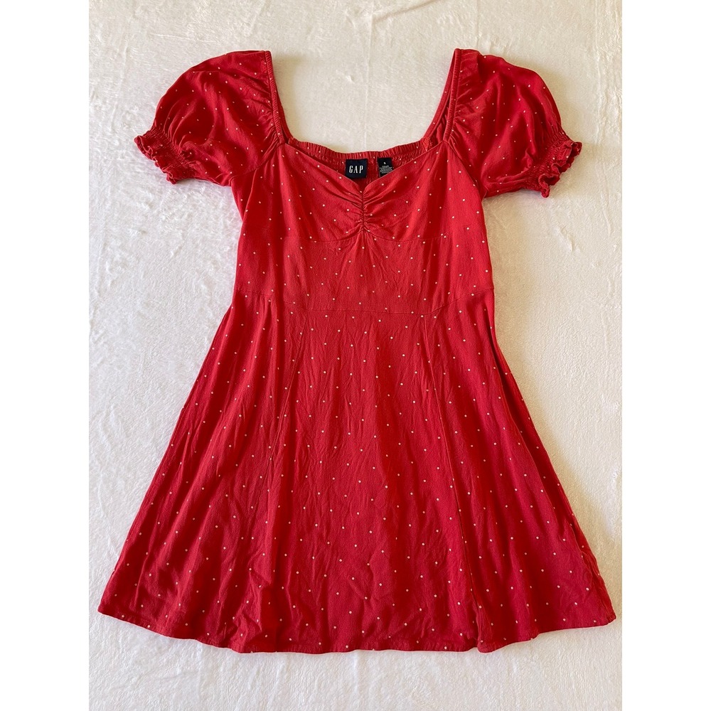 Gap Womens Small Red Polka Dot Puff Sleeve Mini Dress Sweetheart Neck Smocked